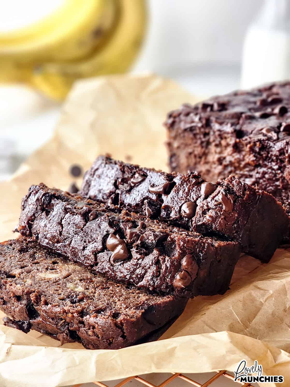 A rich and moist chocolate banana bread loaded with chocolate chips, perfect for a sweet treat.